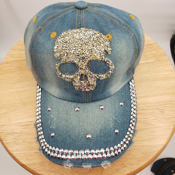 Accessories - Halloween Crystal Bling Skull Distressed Light Wash Denim Ball Cap